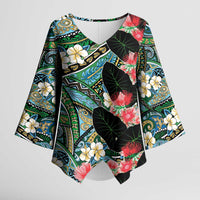 Hawaiian Taro Leaves and Ohia Lehua Kimono Sleeve Blouse Polynesian Tribal Art Tropical Plants Motifs Colorful