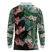 Hawaiian Taro Leaves and Ohia Lehua Long Sleeve Polo Shirt Polynesian Tribal Art Tropical Plants Motifs Colorful