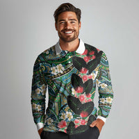 Hawaiian Taro Leaves and Ohia Lehua Long Sleeve Polo Shirt Polynesian Tribal Art Tropical Plants Motifs Colorful