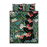 Hawaiian Taro Leaves and Ohia Lehua Quilt Bed Set Polynesian Tribal Art Tropical Plants Motifs Colorful