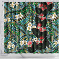 Hawaiian Taro Leaves and Ohia Lehua Shower Curtain Polynesian Tribal Art Tropical Plants Motifs Colorful