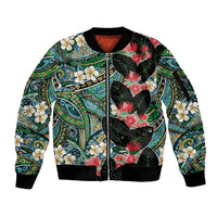 Hawaiian Taro Leaves and Ohia Lehua Sleeve Zip Bomber Jacket Polynesian Tribal Art Tropical Plants Motifs Colorful