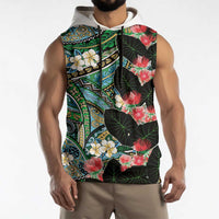 Hawaiian Taro Leaves and Ohia Lehua Sleeveless Hoodie Polynesian Tribal Art Tropical Plants Motifs Colorful