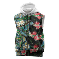Hawaiian Taro Leaves and Ohia Lehua Sleeveless Zip Hoodie Polynesian Tribal Art Tropical Plants Motifs Colorful