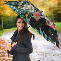 Hawaiian Taro Leaves and Ohia Lehua Umbrella Polynesian Tribal Art Tropical Plants Motifs Colorful