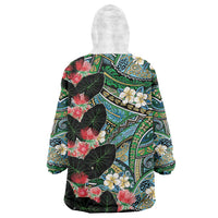 Hawaiian Taro Leaves and Ohia Lehua Wearable Blanket Hoodie Polynesian Tribal Art Tropical Plants Motifs Colorful