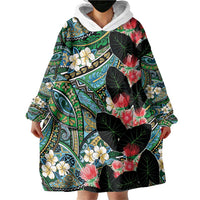 Hawaiian Taro Leaves and Ohia Lehua Wearable Blanket Hoodie Polynesian Tribal Art Tropical Plants Motifs Colorful