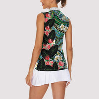 Hawaiian Taro Leaves and Ohia Lehua Women Sleeveless Polo Shirt Polynesian Tribal Art Tropical Plants Motifs Colorful