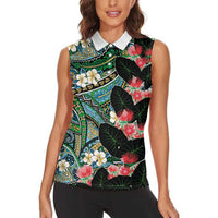 Hawaiian Taro Leaves and Ohia Lehua Women Sleeveless Polo Shirt Polynesian Tribal Art Tropical Plants Motifs Colorful