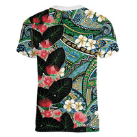 Hawaiian Taro Leaves and Ohia Lehua Women V-Neck T-Shirt Polynesian Tribal Art Tropical Plants Motifs Colorful