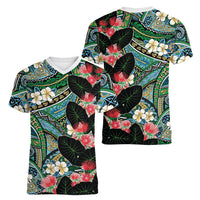Hawaiian Taro Leaves and Ohia Lehua Women V-Neck T-Shirt Polynesian Tribal Art Tropical Plants Motifs Colorful