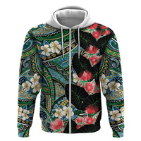 Hawaiian Taro Leaves and Ohia Lehua Zip Hoodie Polynesian Tribal Art Tropical Plants Motifs Colorful