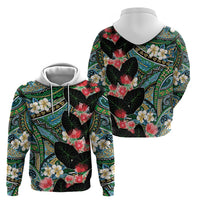 Hawaiian Taro Leaves and Ohia Lehua Zip Hoodie Polynesian Tribal Art Tropical Plants Motifs Colorful
