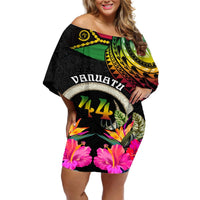 Personalised Vanuatu 44th Anniversary Off Shoulder Short Dress Boars Tusk Tugeta Yumi Selebretem Indipendens Dei LT03 Women Black - Polynesian Pride