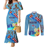 Fiji Day Couples Matching Mermaid Dress and Long Sleeve Button Shirt Tagimoucia Flower and Melanesia Pattern LT03 Blue - Polynesian Pride
