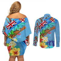 Fiji Day Couples Matching Off Shoulder Short Dress and Long Sleeve Button Shirt Tagimoucia Flower and Melanesia Pattern LT03 - Polynesian Pride