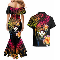 Polynesia Hawaii Turtle Day Couples Matching Mermaid Dress and Hawaiian Shirt Hibiscus and Kanaka Maoli