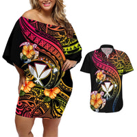 Polynesia Hawaii Turtle Day Couples Matching Off Shoulder Short Dress and Hawaiian Shirt Hibiscus and Kanaka Maoli LT03 Black - Polynesian Pride