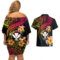Polynesia Hawaii Turtle Day Couples Matching Off Shoulder Short Dress and Hawaiian Shirt Hibiscus and Kanaka Maoli LT03 - Polynesian Pride