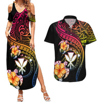 Polynesia Hawaii Turtle Day Couples Matching Summer Maxi Dress and Hawaiian Shirt Hibiscus and Kanaka Maoli LT03 Black - Polynesian Pride