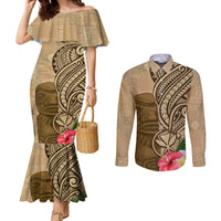 Hawaii Kanaloa Tiki Couples Matching Mermaid Dress and Long Sleeve Button Shirt Polynesian Tattoo and Tapa Pattern LT03 Beige - Polynesian Pride