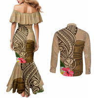 Hawaii Kanaloa Tiki Couples Matching Mermaid Dress and Long Sleeve Button Shirt Polynesian Tattoo and Tapa Pattern LT03 - Polynesian Pride