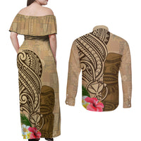Hawaii Kanaloa Tiki Couples Matching Off Shoulder Maxi Dress and Long Sleeve Button Shirt Polynesian Tattoo and Tapa Pattern