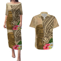 Hawaii Kanaloa Tiki Couples Matching Puletasi and Hawaiian Shirt Polynesian Tattoo and Tapa Pattern LT03 Beige - Polynesian Pride
