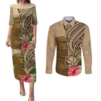 Hawaii Kanaloa Tiki Couples Matching Puletasi and Long Sleeve Button Shirt Polynesian Tattoo and Tapa Pattern LT03 Beige - Polynesian Pride