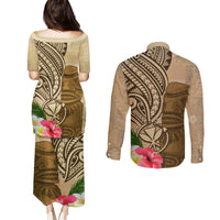 Hawaii Kanaloa Tiki Couples Matching Puletasi and Long Sleeve Button Shirt Polynesian Tattoo and Tapa Pattern LT03 - Polynesian Pride
