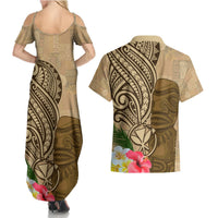 Hawaii Kanaloa Tiki Couples Matching Summer Maxi Dress and Hawaiian Shirt Polynesian Tattoo and Tapa Pattern