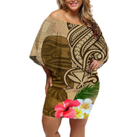 Hawaii Kanaloa Tiki Off Shoulder Short Dress Polynesian Tattoo and Tapa Pattern LT03 Women Beige - Polynesian Pride