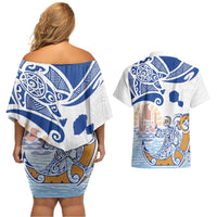 Hawaiki Nui Va'a Solo French Polynesia Couples Matching Off Shoulder Short Dress and Hawaiian Shirt Blue Color