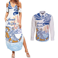Hawaiki Nui Va'a Solo French Polynesia Couples Matching Summer Maxi Dress and Long Sleeve Button Shirt Blue Color