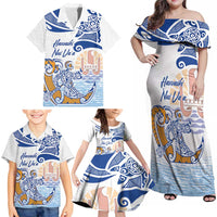 Hawaiki Nui Va'a Solo French Polynesia Family Matching Off Shoulder Maxi Dress and Hawaiian Shirt Blue Color