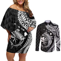 Aloha Hawaii Hammerhead Shark Couples Matching Off Shoulder Short Dress and Long Sleeve Button Shirt Black Kakau and Polynesian Tattoo LT03
