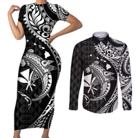 Aloha Hawaii Hammerhead Shark Couples Matching Short Sleeve Bodycon Dress and Long Sleeve Button Shirt Black Kakau and Polynesian Tattoo LT03