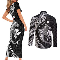 Aloha Hawaii Hammerhead Shark Couples Matching Short Sleeve Bodycon Dress and Long Sleeve Button Shirt Black Kakau and Polynesian Tattoo LT03