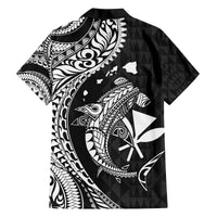 Aloha Hawaii Hammerhead Shark Family Matching Off Shoulder Short Dress and Hawaiian Shirt Black Kakau and Polynesian Tattoo LT03