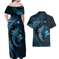 Aloha Hawaii Hammerhead Shark Couples Matching Off Shoulder Maxi Dress and Hawaiian Shirt Blue Kakau and Polynesian Tattoo LT03