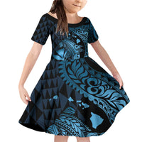Aloha Hawaii Hammerhead Shark Family Matching Off Shoulder Short Dress and Hawaiian Shirt Blue Kakau and Polynesian Tattoo LT03