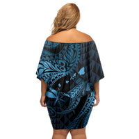 Aloha Hawaii Hammerhead Shark Family Matching Off Shoulder Short Dress and Hawaiian Shirt Blue Kakau and Polynesian Tattoo LT03
