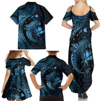 Aloha Hawaii Hammerhead Shark Family Matching Summer Maxi Dress and Hawaiian Shirt Blue Kakau and Polynesian Tattoo LT03