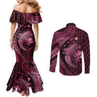 Aloha Hawaii Hammerhead Shark Couples Matching Mermaid Dress and Long Sleeve Button Shirt Pink Kakau and Polynesian Tattoo LT03