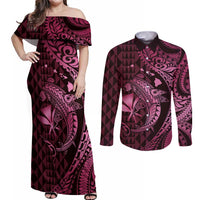 Aloha Hawaii Hammerhead Shark Couples Matching Off Shoulder Maxi Dress and Long Sleeve Button Shirt Pink Kakau and Polynesian Tattoo LT03