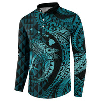 Aloha Hawaii Hammerhead Shark Button Sweatshirt Turquoise Kakau and Polynesian Tattoo LT03