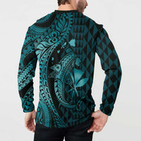Aloha Hawaii Hammerhead Shark Button Sweatshirt Turquoise Kakau and Polynesian Tattoo LT03