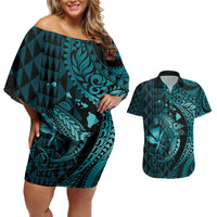 Aloha Hawaii Hammerhead Shark Couples Matching Off Shoulder Short Dress and Hawaiian Shirt Turquoise Kakau and Polynesian Tattoo LT03