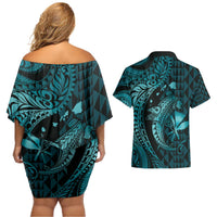 Aloha Hawaii Hammerhead Shark Couples Matching Off Shoulder Short Dress and Hawaiian Shirt Turquoise Kakau and Polynesian Tattoo LT03