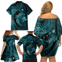 Aloha Hawaii Hammerhead Shark Family Matching Off Shoulder Short Dress and Hawaiian Shirt Turquoise Kakau and Polynesian Tattoo LT03